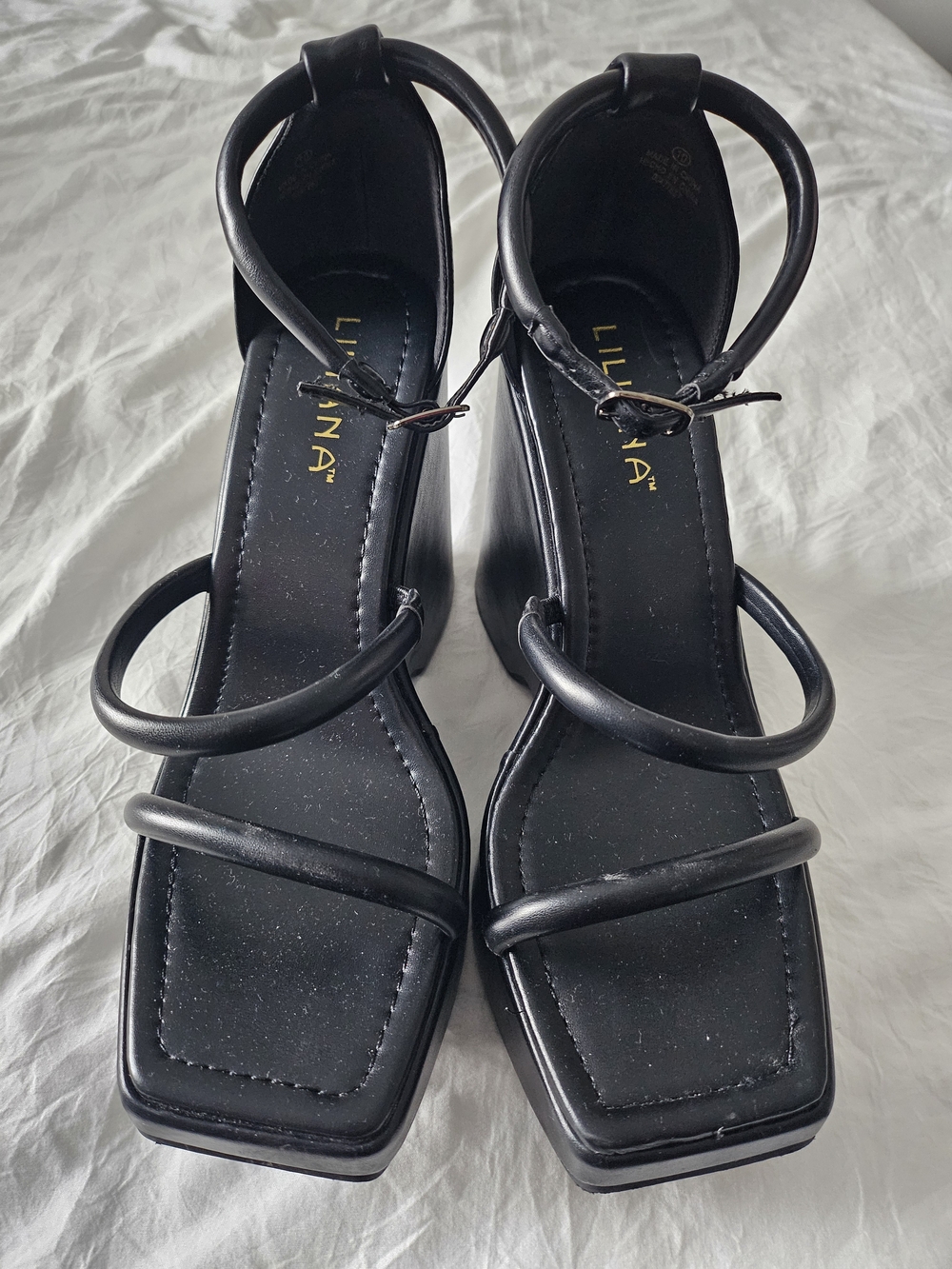 Liliana Black Strappy Square-Toe Ankle Strap Heels